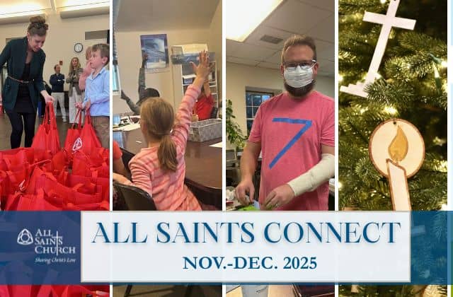 Church entrance with landscaping and a welcoming door